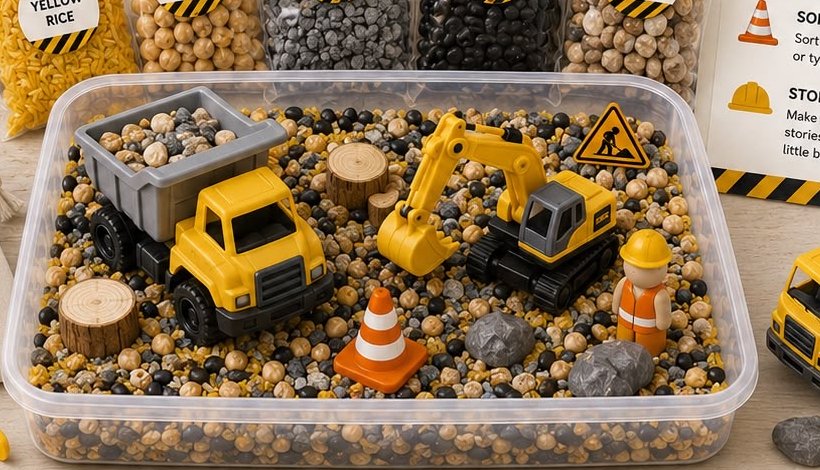 Construction Site sensory kit with chickpeas, gray pebbles, and toy trucks and diggers