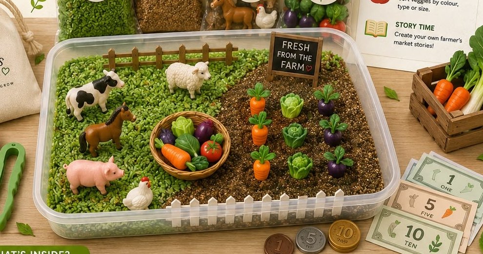 Farmer's Market sensory kit with green rice, farm animal figurines, and a vegetable garden tray