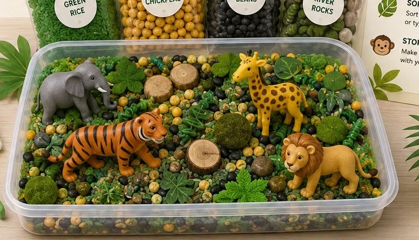 Jungle Safari sensory kit with green rice, dyed chickpeas, and lion, elephant, tiger, and giraffe figurines