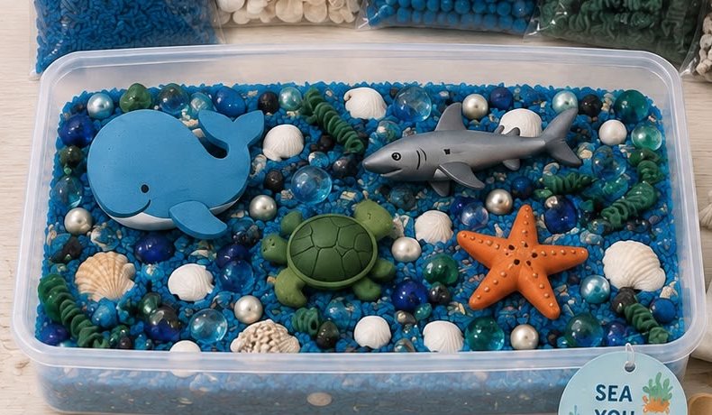 Ocean Adventure sensory kit with blue rice, sea shells, and whale, shark, and turtle figurines