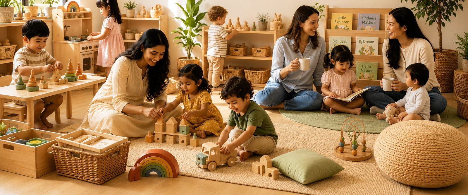 A wide view of a playroom with several parents and children of different backgrounds playing together with wooden toys