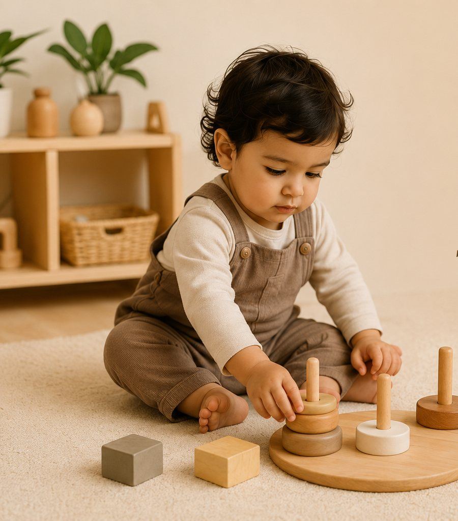 A toddler focused on stacking a wooden ring toy, surrounded by Montessori shelves