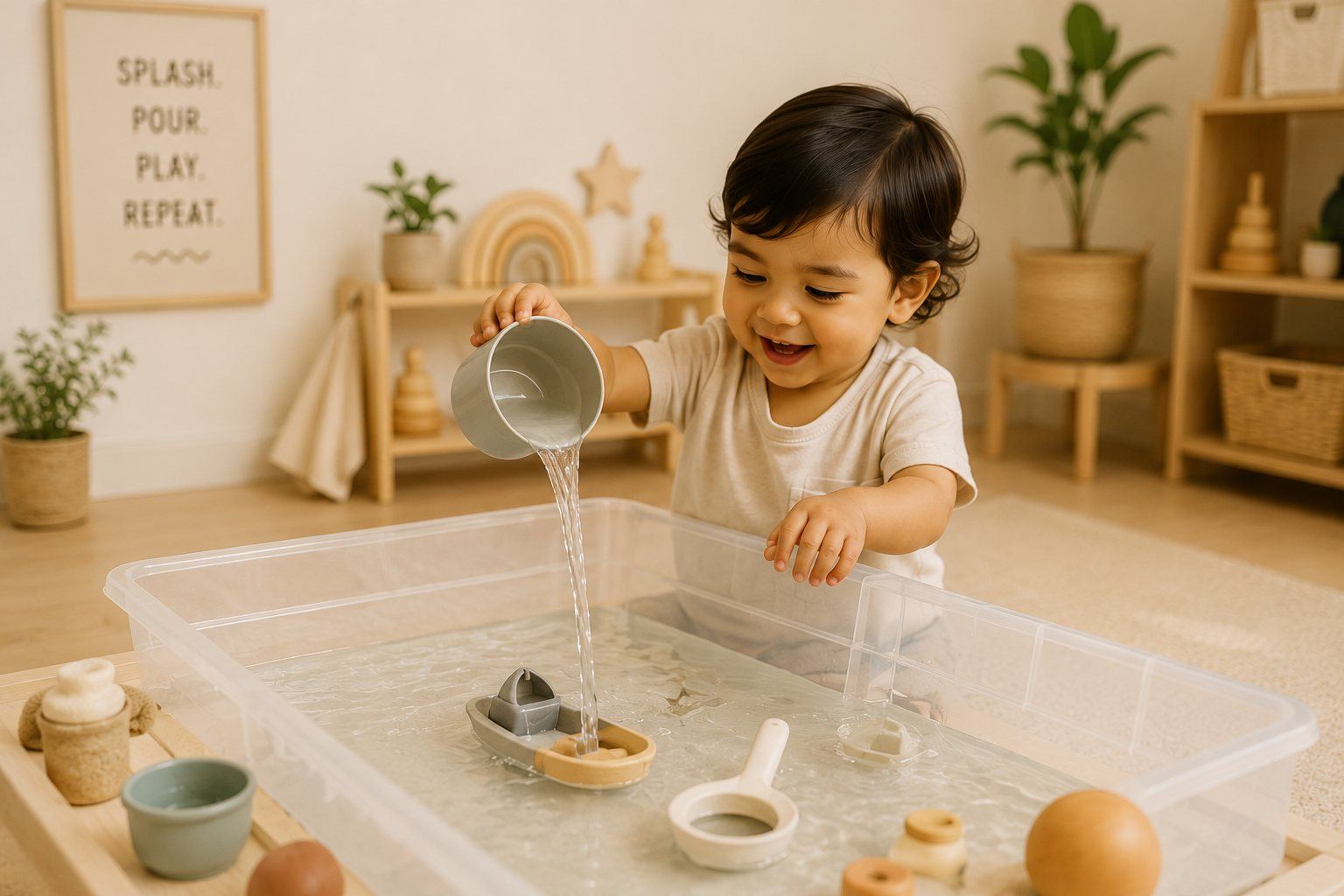 A joyful toddler laughing while pouring water during sensory water play
