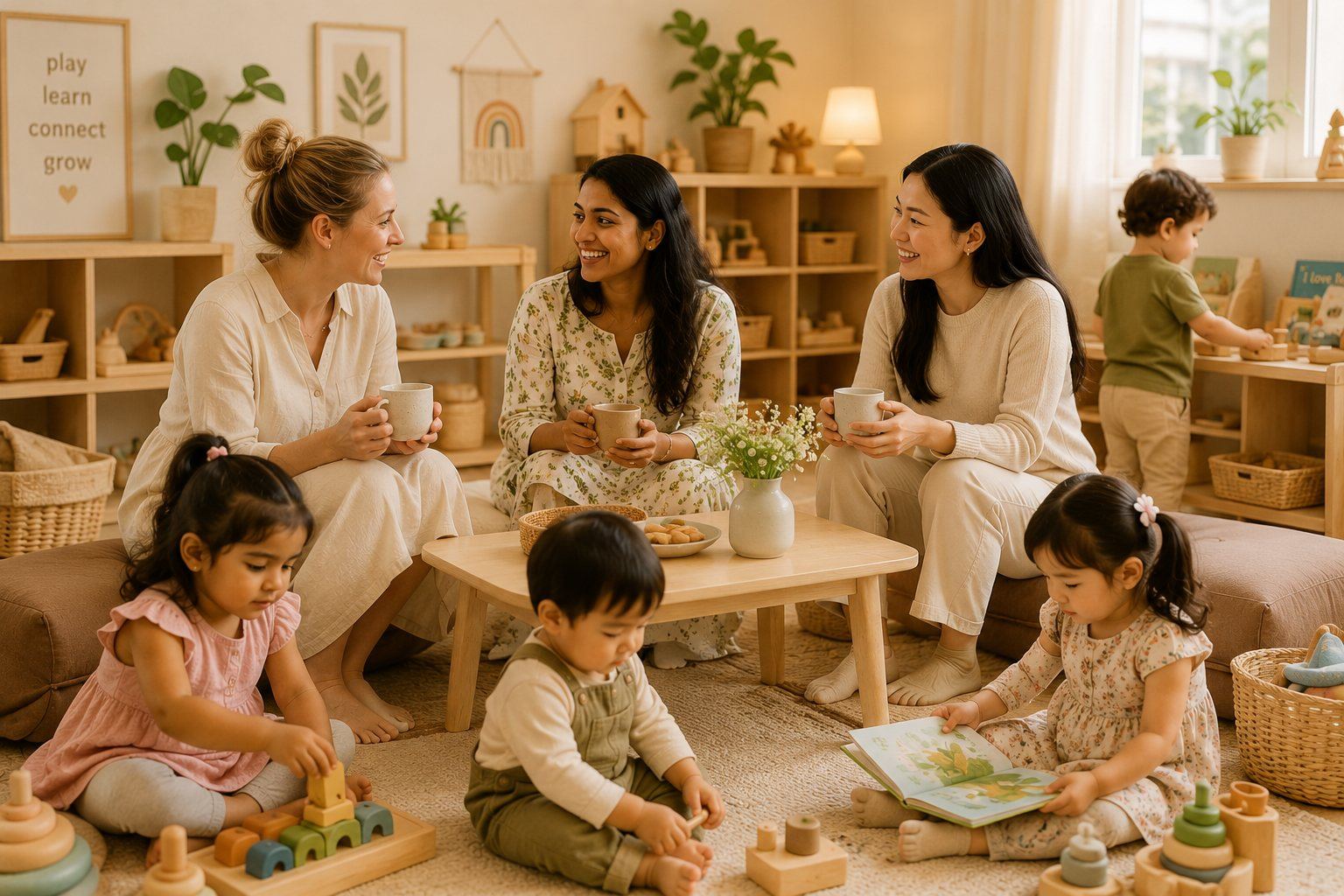 Three mothers of different backgrounds chatting and laughing over coffee while their children play with wooden toys nearby