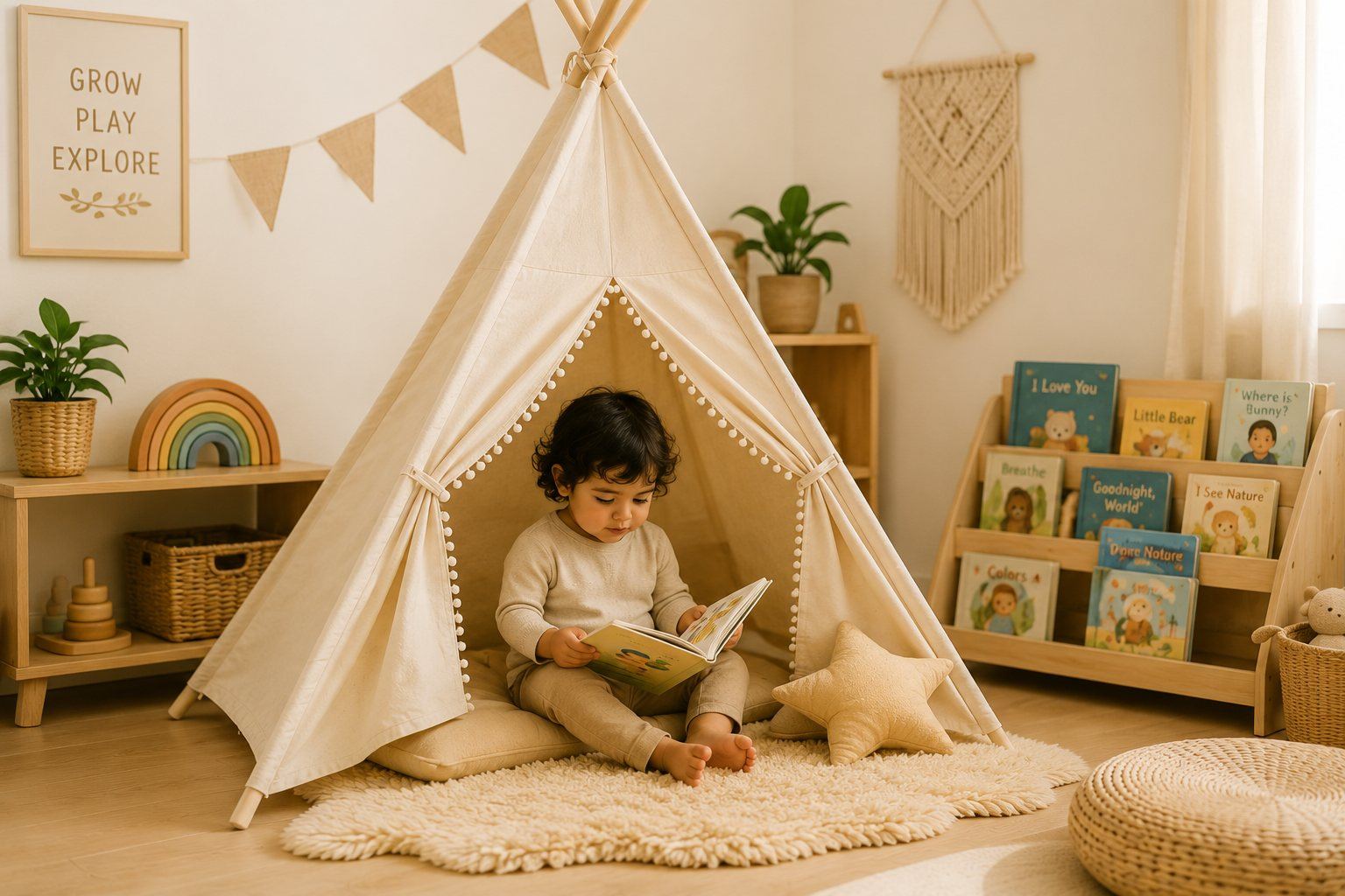 A child sitting inside a cozy teepee reading a picture book, with a book display shelf nearby