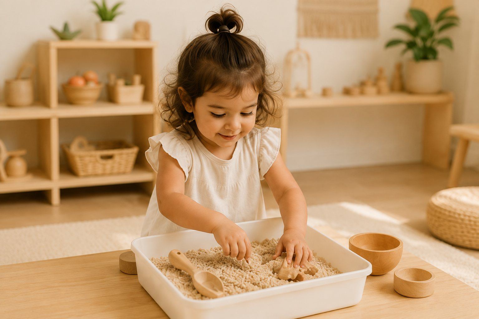 A toddler exploring a sensory bin filled with rice, using wooden scoops and tools