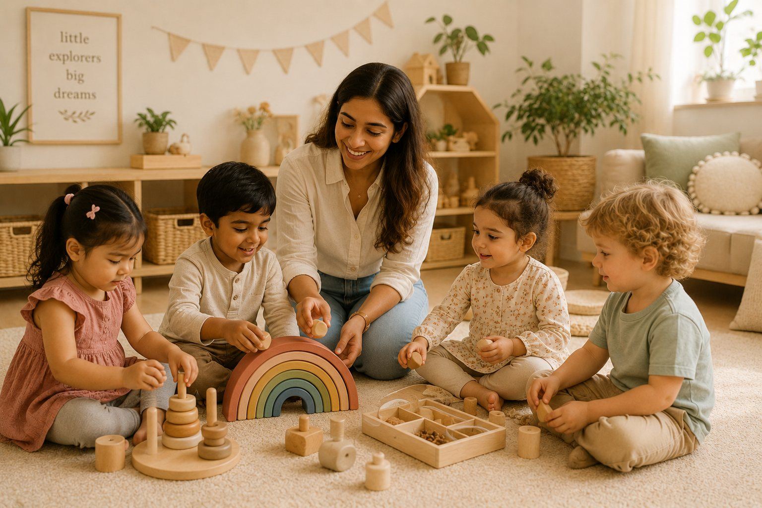 An adult sitting with four young children of different backgrounds, playing together with a wooden rainbow stacking toy